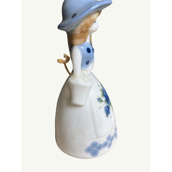 Vintage Hand-Painted Porcelain Bell With Blue White with Hat & Roses Design - Picture 5 of 11